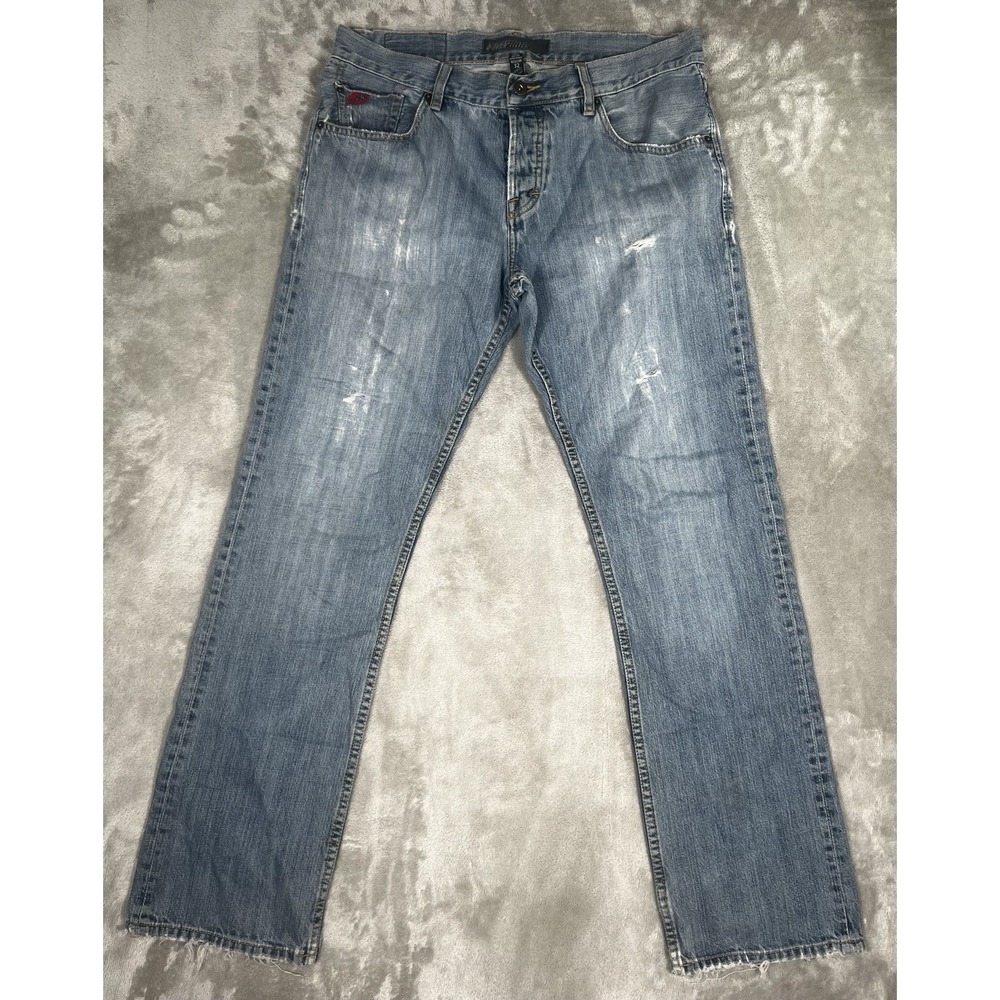 FMF Jeans Mens 32 Reg Y2k 34x33 Western Denim Skater Distressed‎ Missing Button